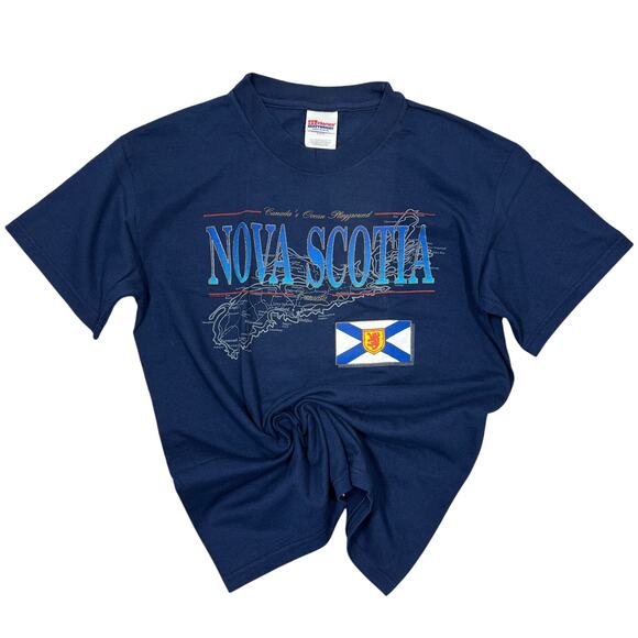 Vintage Nova Scotia T-Shirt Medium Navy Made Canada Flag Map Hanes Heavyweight - Picture 9 of 9